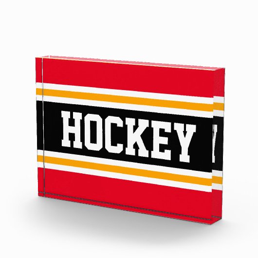 ホッケースポーティ明るい赤の黒い黄色のストライプ フォトブロック (右)