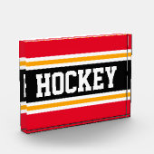 ホッケースポーティ明るい赤の黒い黄色のストライプ フォトブロック (左)