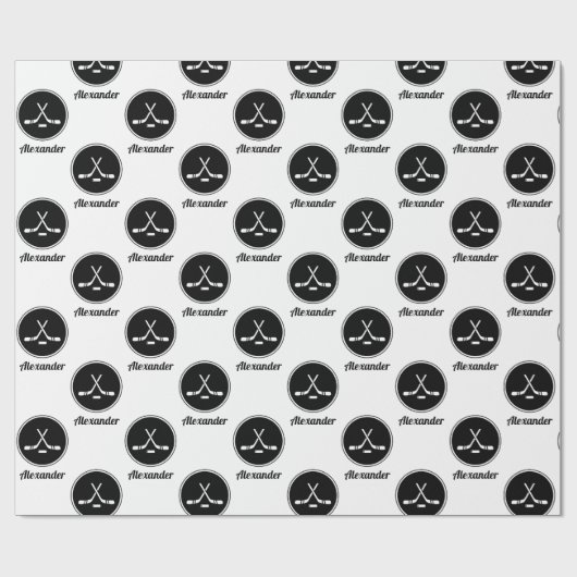 ホッケーデザインブラック&ホワイトクラスボーイズ名スポーツ ラッピングペーパー (フラット)