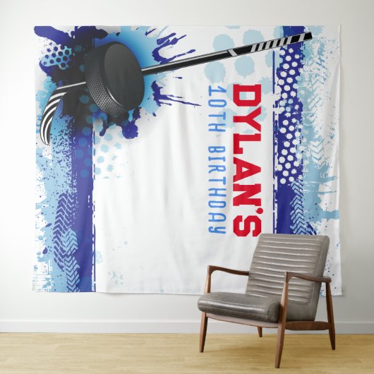 ホッケーバースデーパーティーのフォトオプティキッズ背景 タペストリー (インサイチュ(横))