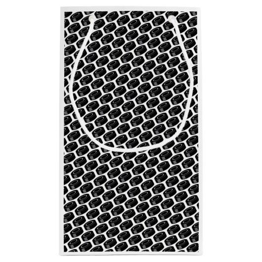 ホッケーパックパターン白黒バーシティスポーツアイス スモールペーパーバッグ (裏面)