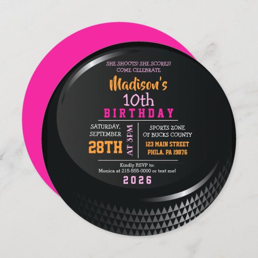 ホッケーパックラウンドガールズバースデーパーティー招待状 招待状 (正面/裏面)