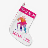 ホッケーパーソナライズされたガールプレーヤーウォーターカラーピンク スモールクリスマスストッキング (正面 (吊り時))
