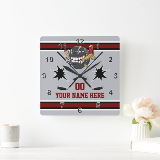 ホッケーパーソナライズされたクロック、ホッケーベッドルームデコール スクエア壁時計 (ホーム)