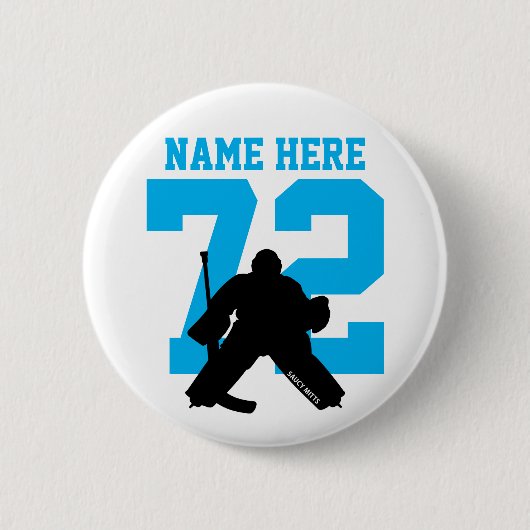 ホッケーパーソナライズされたゴアリー名番号ターコイズ 缶バッジ (正面)