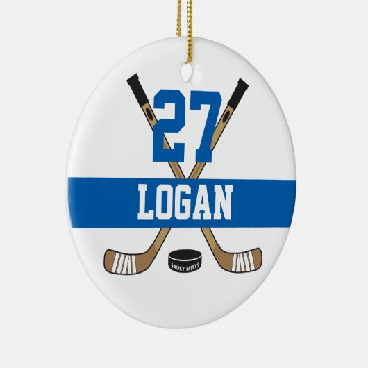 ホッケーパーソナライズされたプレイヤー名番号（青） セラミックオーナメント (右)