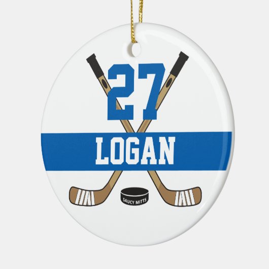 ホッケーパーソナライズされたプレイヤー名番号(青) セラミックオーナメント (左)