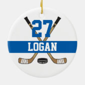 ホッケーパーソナライズされたプレイヤー名番号（青） セラミックオーナメント (裏面)