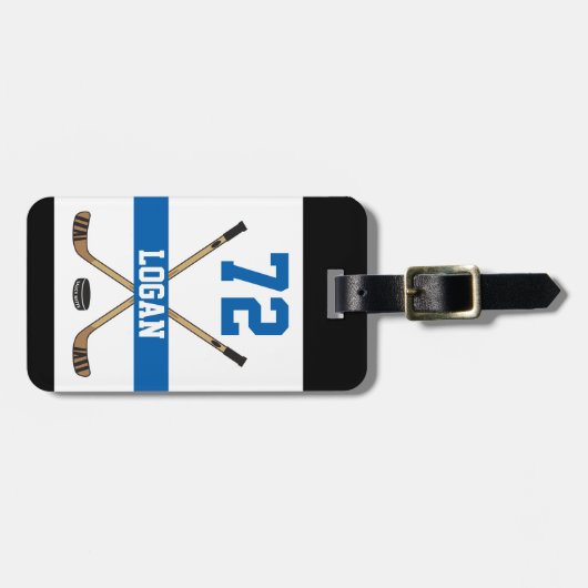 ホッケーパーソナライズされたプレイヤー名番号(青) ラゲッジタグ (正面横)