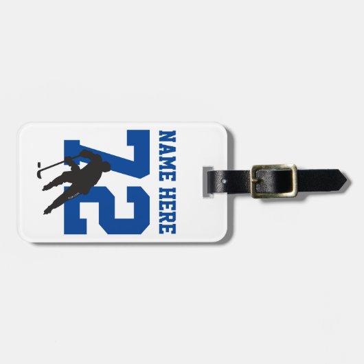 ホッケーパーソナライズされたプレイヤー名番号（青） ラゲッジタグ (正面横)