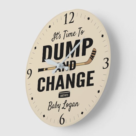 ホッケーパーソナライズされたベビー名のダンプと変更 ラージ壁時計 (傾斜)