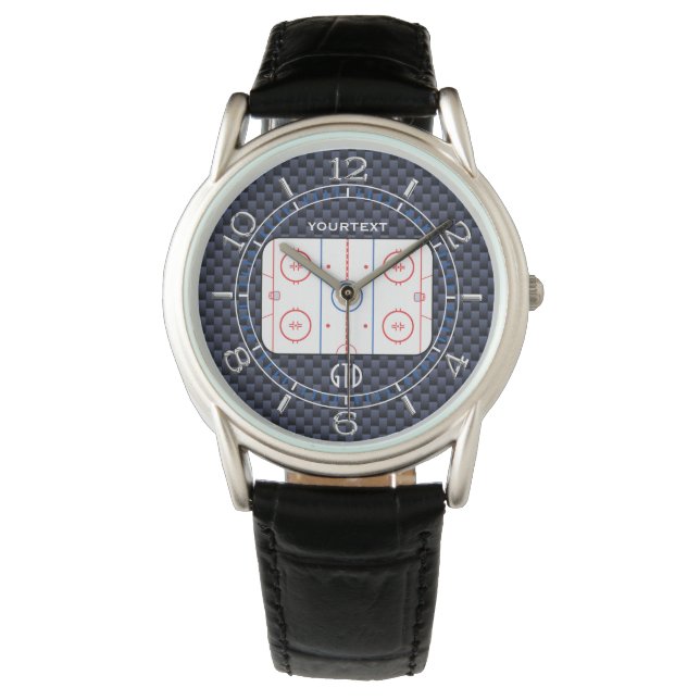 ホッケーパーソナライズされたリンク図ブルーカーボンスタイル 腕時計 (正面)