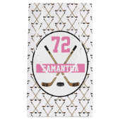 ホッケーパーソナライズされた選手の名前番号ピンクの女の子 スモールペーパーバッグ (正面)