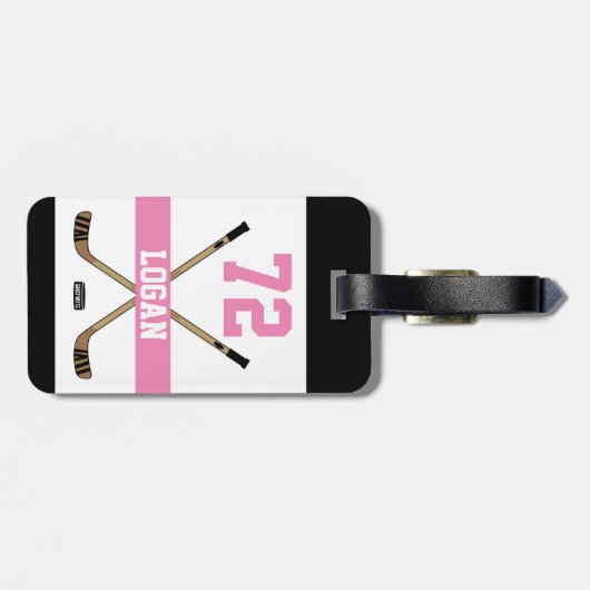 ホッケーパーソナライズされた選手の名前番号ピンクの女の子 ラゲッジタグ (裏面横)