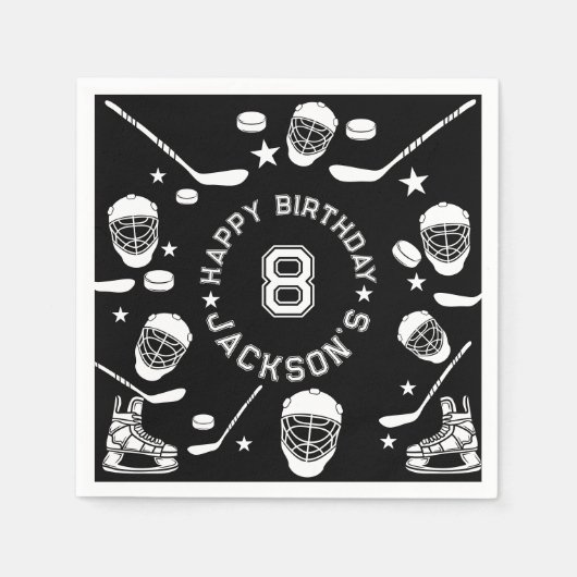 ホッケーブラックとホワイトをテーマにした子供の誕生日パーティー スタンダードカクテルナプキン (正面)