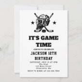 ホッケーブラックとホワイトをテーマにした子供の誕生日パーティー 招待状 (正面)