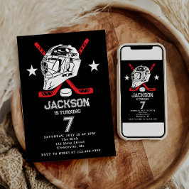 ホッケーブラックとホワイトをテーマにした子供の誕生日パーティー 招待状