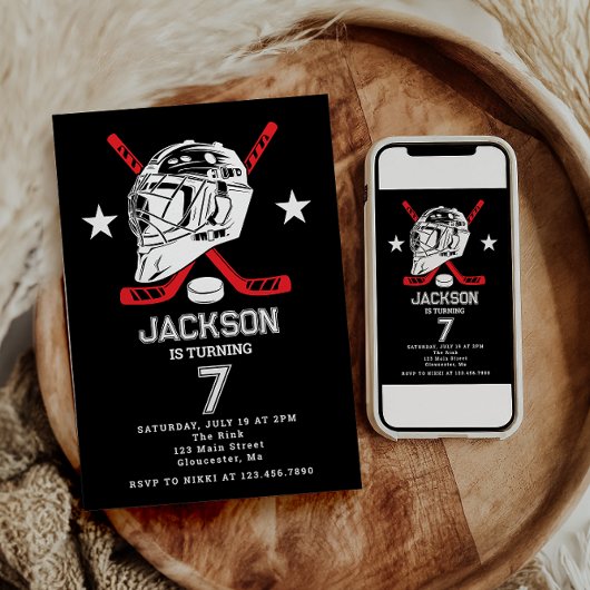 ホッケーブラックとホワイトをテーマにした子供の誕生日パーティー 招待状