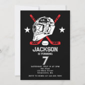 ホッケーブラックとホワイトをテーマにした子供の誕生日パーティー 招待状 (正面)