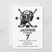 ホッケーブラックとホワイトをテーマにした子供の誕生日パーティー 招待状 (正面)