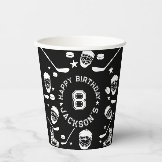 ホッケーブラックとホワイトをテーマにした子供の誕生日パーティー 紙コップ (正面)