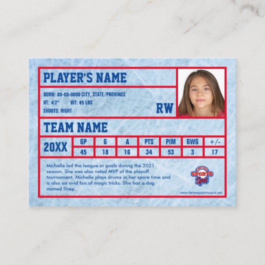 ホッケープレイヤーのトレーディングカード土産 コーリングカード (裏面)