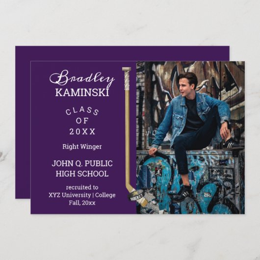 ホッケープレーヤースポーツ卒業写真のお知らせ 招待状 (正面/裏面)