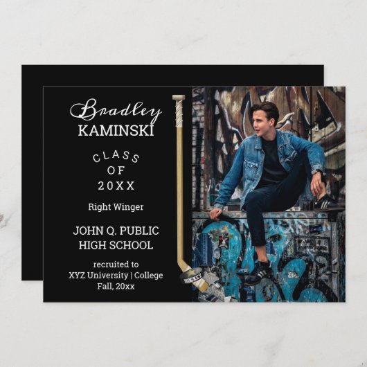 ホッケープレーヤースポーツ卒業写真のお知らせ 招待状 (正面/裏面)