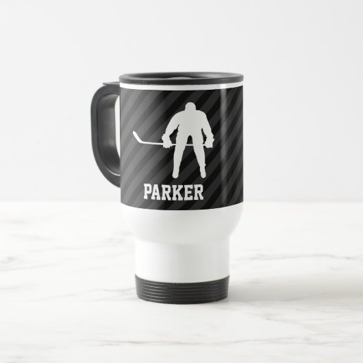 ホッケープレーヤー;黒とダークグレーのストライプ トラベルマグ (正面左)