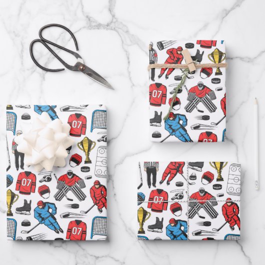 ホッケーレフェリープレーヤーズ氷スケートで滑るリンクパターン ラッピングペーパーシート (正面)