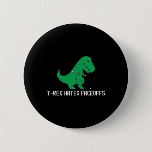 ホッケー好きな恐竜T-Rex 面対決が嫌い ユーモアあり 缶バッジ (正面)