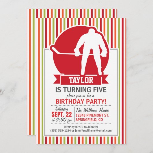 ホッケー赤と白プレーヤー,赤,オレンジ,緑 招待状 (正面/裏面)