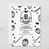 ホッケー　白黒　6歳の誕生日 招待状 (正面)