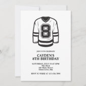 ホッケー 黒と白 8歳の誕生日 招待状 (正面)