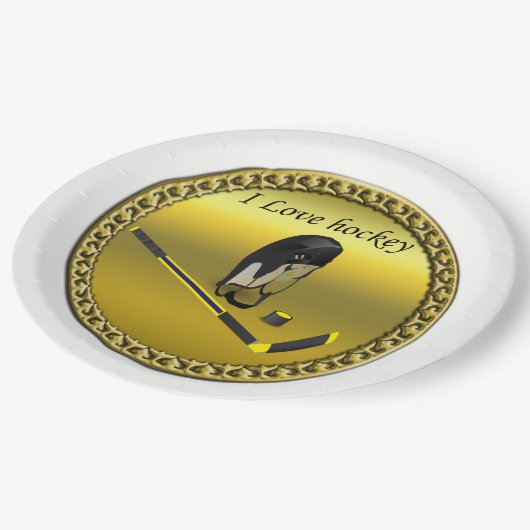 ホッケーIスティックとヘルメットを使用したカスタムデザインが大好き ペーパープレート (アングル)