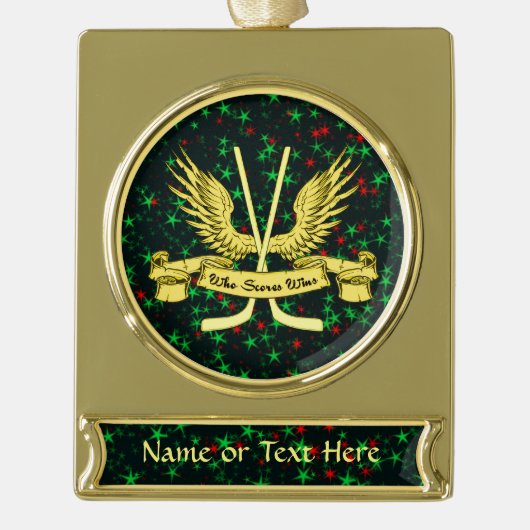 ホッケーwhoスコアが勝つカスタム休日オーナメント ゴールドプレートバナーオーナメント (正面)