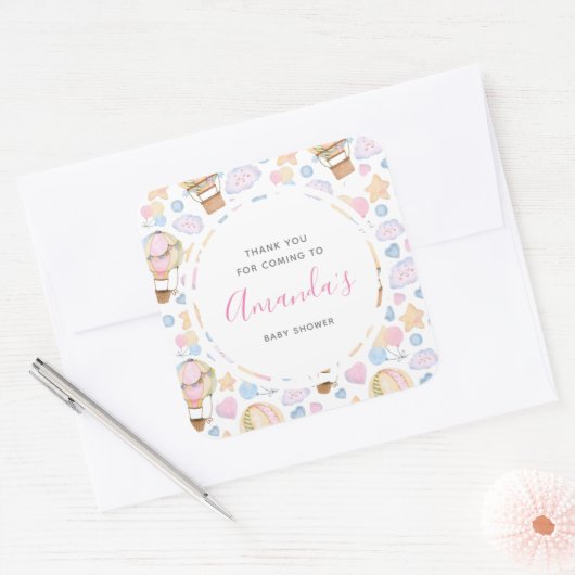 ホットエアバルーンかわいい水彩柄ありがとう スクエアシール (封筒)