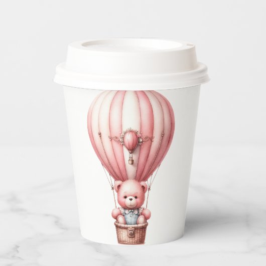ホットエアバルーンに可愛いピンクのテディベア 紙コップ (正面)