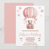 ホットエアバルーンの赤ちゃんシャワーにピンク&ブラウンベア 招待状 (正面/裏面)