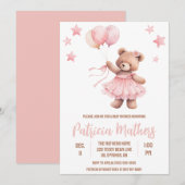 ホットエアバルーンの赤ちゃんシャワーにピンク&ブラウンベア 招待状 (正面/裏面)