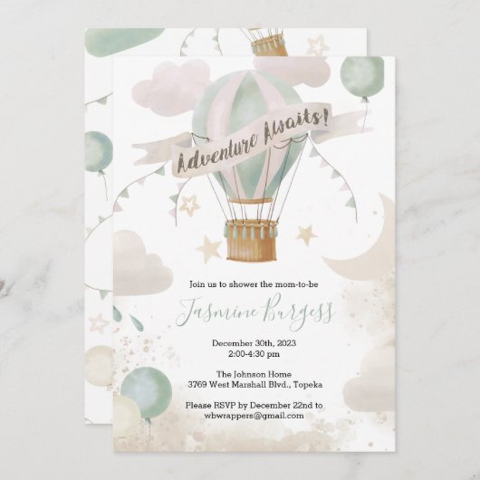 ホットエアバルーンアドベンチャーベビーシャワー招待状 招待状 (正面/裏面)