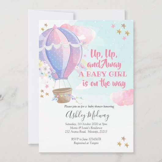 ホットエアバルーンガールベビーシャワー招待状 招待状 (正面)