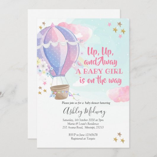 ホットエアバルーンガールベビーシャワー招待状 招待状 (正面/裏面)