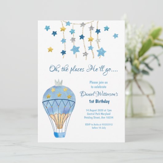 ホットエアバルーングリッタースター誕生日フォーボーイズ 招待状 (スタンド正面)