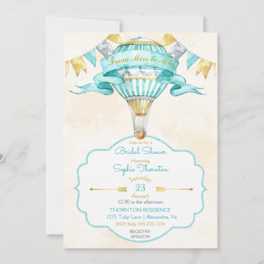 ホットエアバルーンターコイズ金ゴールドイエローアクア 招待状 (正面)