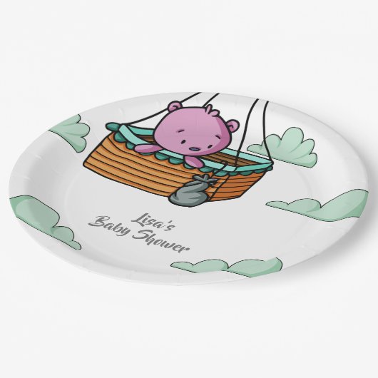 ホットエアバルーンバスケットベビーシャワーにピンクのクマ ペーパープレート (アングル)