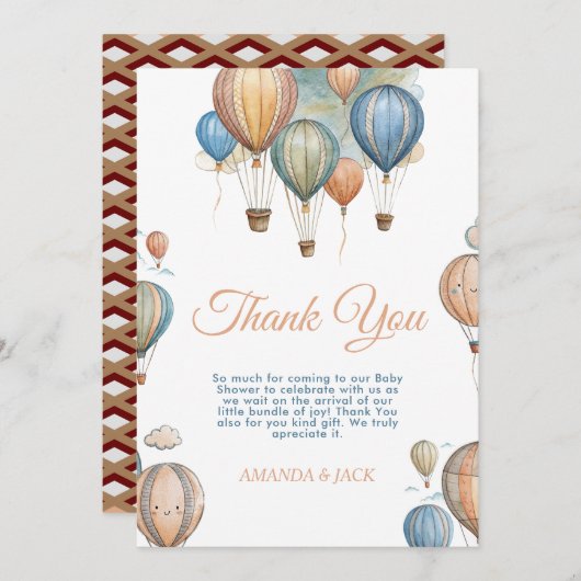 ホットエアバルーンパステルボーイトラベル赤ちゃんシャワー サンキューカード (正面/裏面)