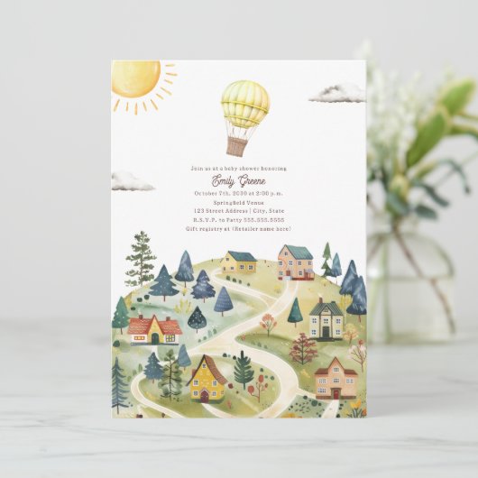 ホットエアバルーンビレッジニュートラルイエローベビーシャワー 招待状 (スタンド正面)