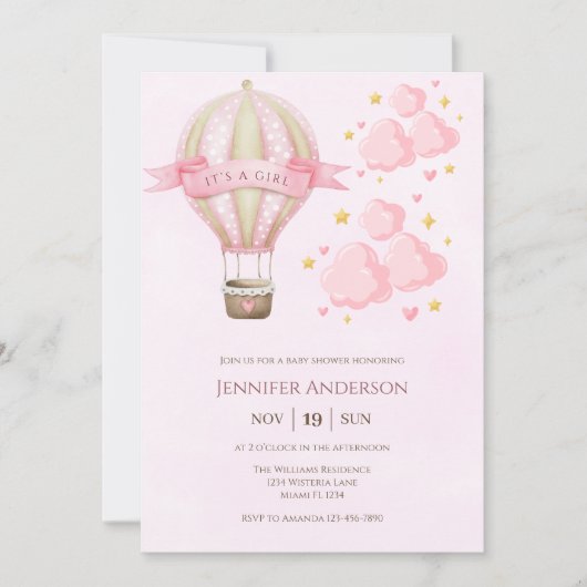 ホットエアバルーンピンクの女の子エレガント赤ちゃんシャワー 招待状