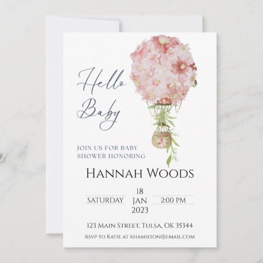 ホットエアバルーンピンクフローラベビーシャワー 招待状 (正面)